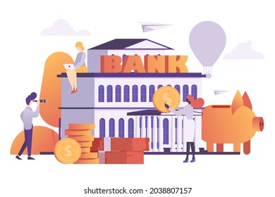 Bank financial system, tiny worker business people character, woman work laptop and male watch spyglass flat vector illustration, isolated on white.
