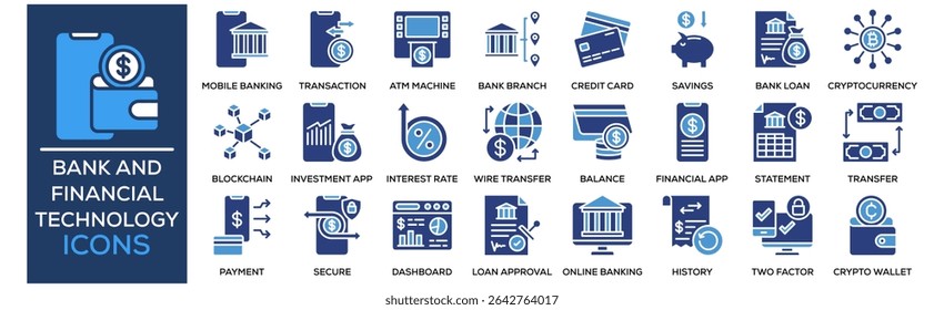 Bank and Financial Technology icon collection set. Containing design Digital Wallet, Mobile Banking, Online Transaction, ATM Machine, Bank Branch