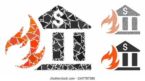 Bank fire disaster composition of inequal pieces in different sizes and shades, based on bank fire disaster icon. Vector tremulant pieces are combined into composition.