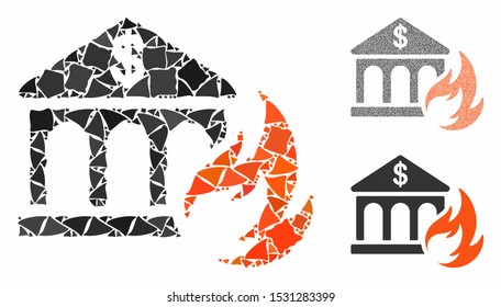 Bank fire disaster composition of tuberous pieces in variable sizes and color tinges, based on bank fire disaster icon. Vector tuberous parts are organized into composition.
