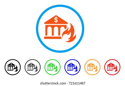 Bank Fire Disaster rounded icon. Style is a flat bank fire disaster orange symbol inside light blue circle with black, gray, green, blue, red, orange versions.