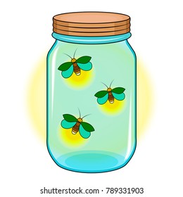 Bank with fireflies, Green firefly in a blue jar, Yellow glow, White background, Isolated