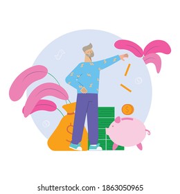 Bank flat composition with human character throwing coins to pig shaped money box vector illustration