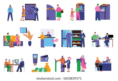 Bank flat icon set with customers at the ATM safe deposit box receive a loan money from deposit and communicate with manager vector illustration
