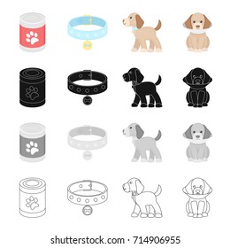 Bank with food, a collar with a medal, a puppy is sitting, it costs.Puppy set collection icons in cartoon black monochrome outline style vector symbol stock illustration web.