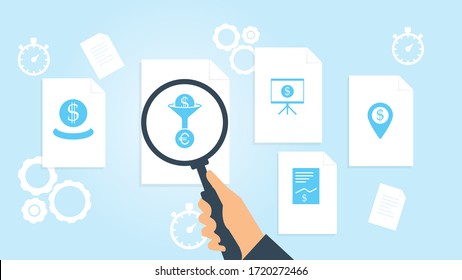Bank, gaps file, document research vector illustrationDocument with search icons. File and magnifying glass. Analytics research sign. Vector Illustration