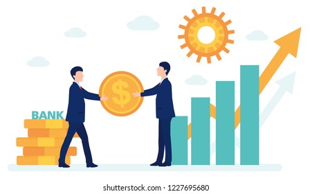 the Bank gives a loan to a businessman for business development. money, cards investment management. graphic design business concept. Flat cartoon illustration vector