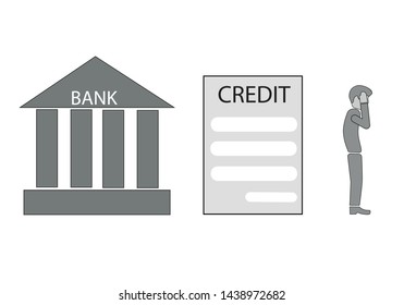 the bank gives a loan. man upset. credit commitments. flat design. vector illustration.