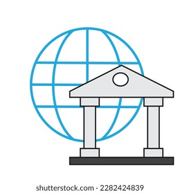 A bank with globe in background . Global Financial system illustration ,  money vector , treasury icon 