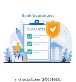 Bank Guarantees concept. Solid assurance with bank guarantees for secure financial commitments. Confident business dealings backed by banking integrity. Flat vector illustration.