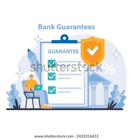 Bank Guarantees concept. Solid assurance with bank guarantees for secure financial commitments. Confident business dealings backed by banking integrity. Flat vector illustration.