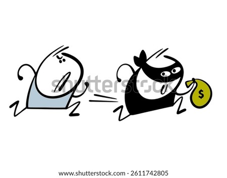 Bank guard is chasing a robber. Vector illustration of a masked bandit running away and carrying  bag full of money. Crime. Cartoon people isolated on white background.
