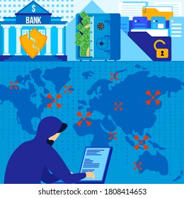 Bank hacking vector illustration. Cartoon flat internet hacker attack on banking data online system, breach of cyber protection, criminal theft of money by man thief character with laptop background
