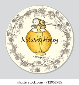 Bank of honey and clover wreath. Round label. Hand drawn vector illustration.
