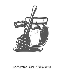 Bank of honey and spoon isolated on white background. Vector illustration