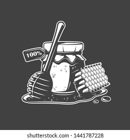 Bank of honey and spoon isolated on black background. Vector illustration