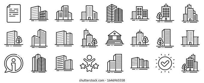 Bank, Hotel, Courthouse. Buildings line icons. City, Real estate, Architecture buildings icons. Hospital, town house, museum. Urban architecture, city skyscraper, downtown. Vector