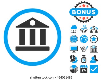 Bank icon with bonus design elements. Vector illustration style is flat iconic bicolor symbols, blue and gray colors, white background.