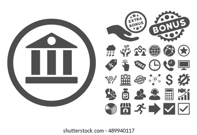 Bank icon with bonus images. Vector illustration style is flat iconic symbols, gray color, white background.