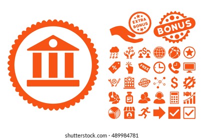 Bank icon with bonus pictograph collection. Vector illustration style is flat iconic symbols, orange color, white background.