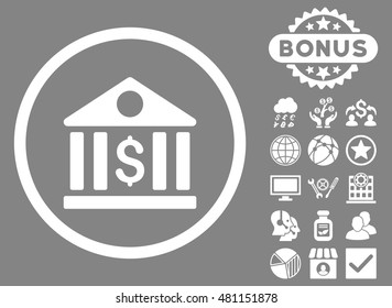 Bank icon with bonus. Vector illustration style is flat iconic symbols, white color, gray background.
