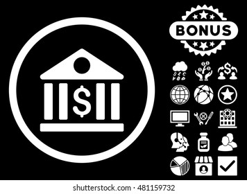 Bank icon with bonus. Vector illustration style is flat iconic symbols, white color, black background.