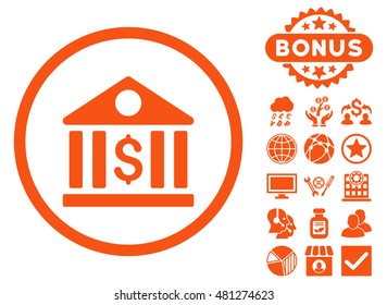 Bank icon with bonus. Vector illustration style is flat iconic symbols, orange color, white background.