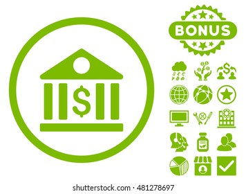 Bank icon with bonus. Vector illustration style is flat iconic symbols, eco green color, white background.