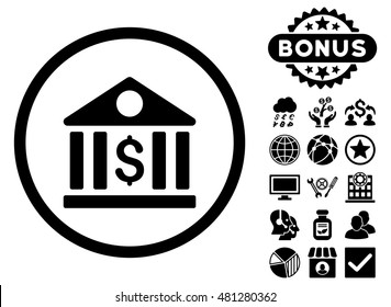 Bank icon with bonus. Vector illustration style is flat iconic symbols, black color, white background.