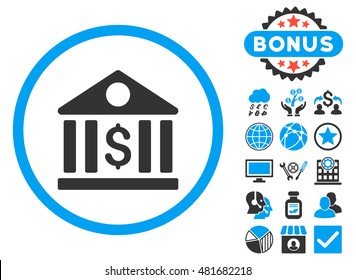 Bank icon with bonus. Vector illustration style is flat iconic bicolor symbols, blue and gray colors, white background.