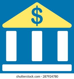 Bank icon from Business Bicolor Set. This flat vector symbol uses yellow and white colors, rounded angles, and isolated on a blue background.