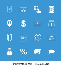 Bank icon. collection of 16 bank filled and outline icons such as coin, safe, credit card, door, hand on atm, money sack, pig. editable bank icons for web and mobile.