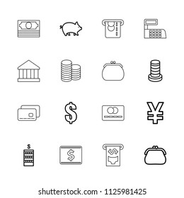 Bank icon. collection of 16 bank outline icons such as pig, coin, dollar, purse, yuan, building, credit card, atm money withdraw. editable bank icons for web and mobile.