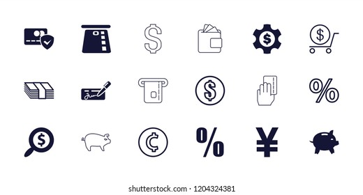 Bank icon. collection of 18 bank filled and outline icons such as search dollar, dollar gear, dollar, money, yuan, credit card in atm. editable bank icons for web and mobile.