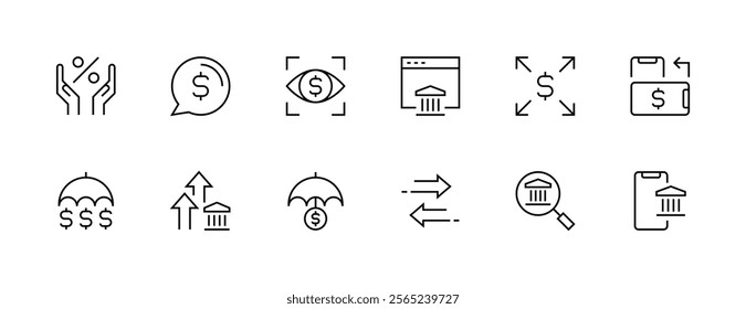 Bank icon collection. Finance icon set. Banking services, payment, loan, income, invoice, transaction, financial statement and more. Editable stroke. Pixel Perfect. Grid base 32px.
