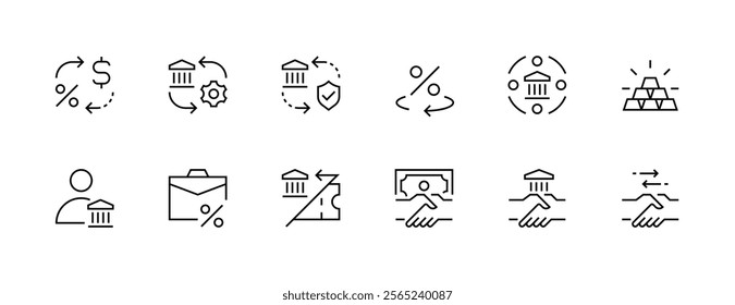 Bank icon collection. Finance icon set. Banking services, payment, loan, income, invoice, transaction, financial statement and more. Editable stroke. Pixel Perfect. Grid base 32px.