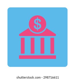 Bank icon from Commerce Buttons OverColor Set. Vector style is pink and blue colors, flat square rounded button, white background.