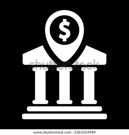 Bank icon from Commerce Set. Glyph style: flat symbol, white color, black background.