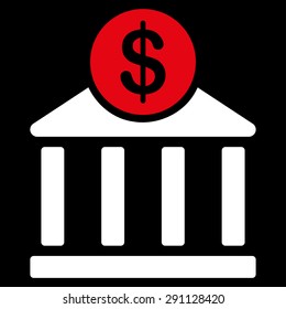 Bank icon from Commerce Set. Vector style: bicolor flat symbol, red and white colors, rounded angles, black background.