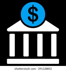 Bank icon from Commerce Set. Vector style: bicolor flat symbol, blue and white colors, rounded angles, black background.