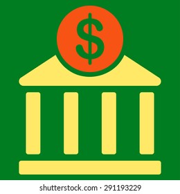 Bank icon from Commerce Set. Vector style: bicolor flat symbol, orange and yellow colors, rounded angles, green background.