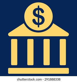 Bank icon from Commerce Set. Vector style: flat symbol, yellow color, rounded angles, blue background.