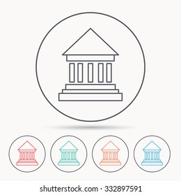 Bank icon. Court house sign. Money investment symbol. Linear circle icons.