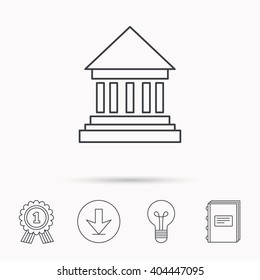Bank icon. Court house sign. Money investment symbol. Download arrow, lamp, learn book and award medal icons.