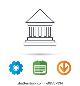 Bank icon. Court house sign. Money investment symbol. Calendar, cogwheel and download arrow signs. Colored flat web icons. Vector