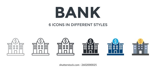 Bank Icon In Different Style Vector Illustration. Designed In Thin Line, Regular Line, Bold Line, Glyph, Color Fill, And Flat Style Can Be Used For Web