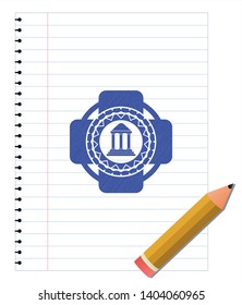 bank icon emblem draw with pen effect. Blue ink. Vector Illustration. Detailed.
