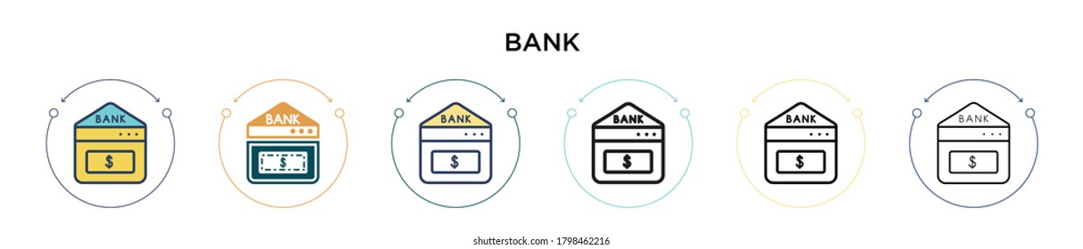 Bank icon in filled, thin line, outline and stroke style. Vector illustration of two colored and black bank vector icons designs can be used for mobile, ui, web