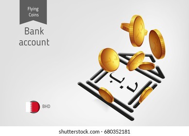 Bank icon with flying Bahraini Dinar coins, finance concept.