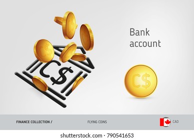 Bank icon with flying Canadian Dollar coins, finance concept. Vector illustration for print, websites, web design, mobile app, infographics.